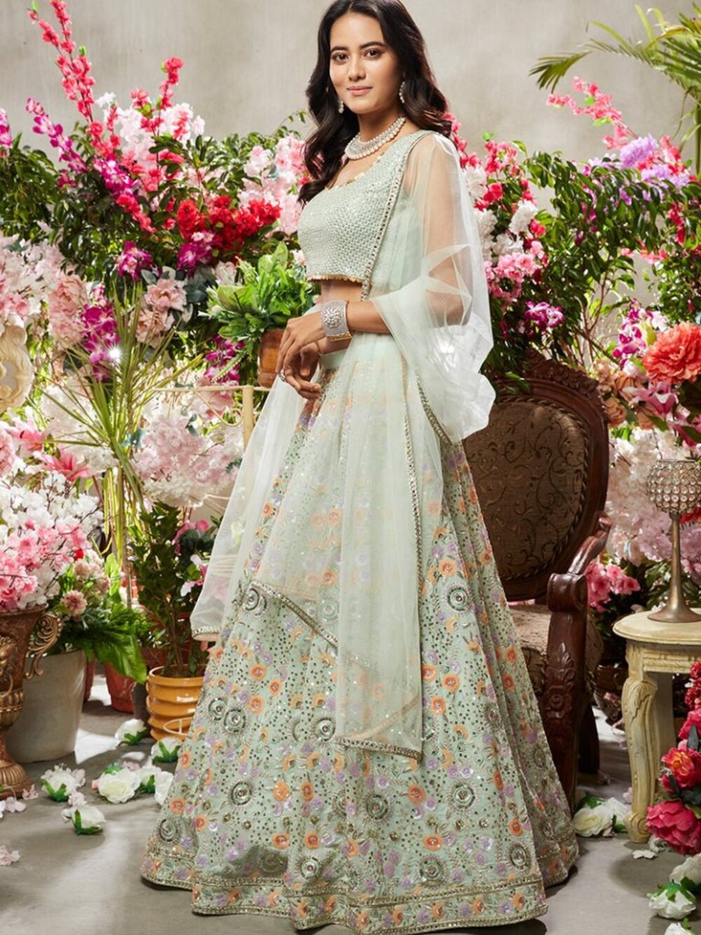 Dusty Mint Green Multicolor Embroidered Net Lehenga from Lashkaraa